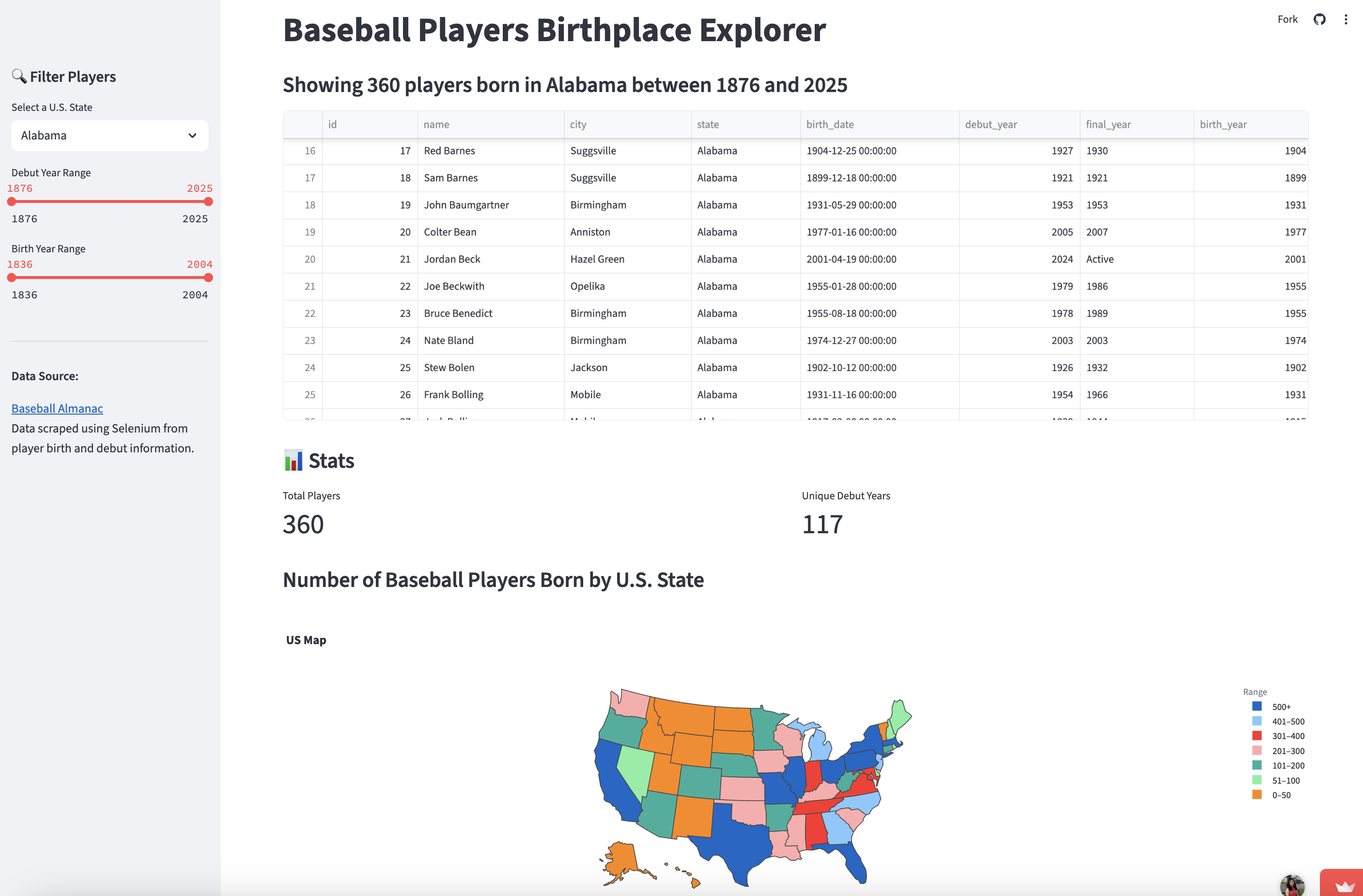 Baseball Players Birthplace Explorer Screenshot